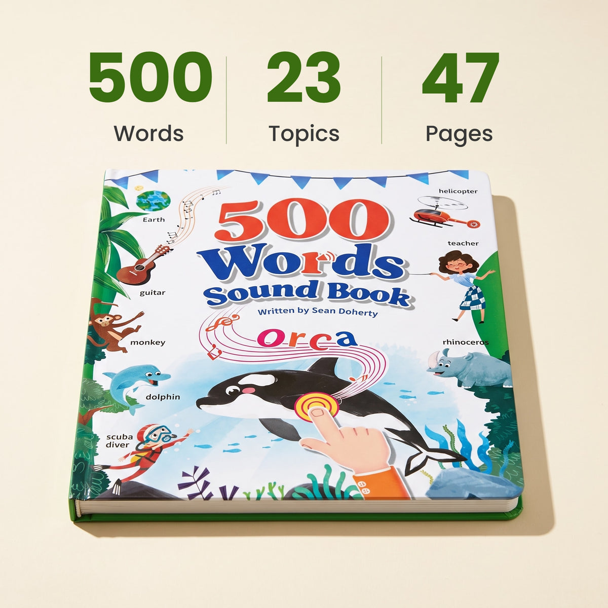 Sound book infographic with 500 words, 23 topics and 47 pages above the illustrated front cover