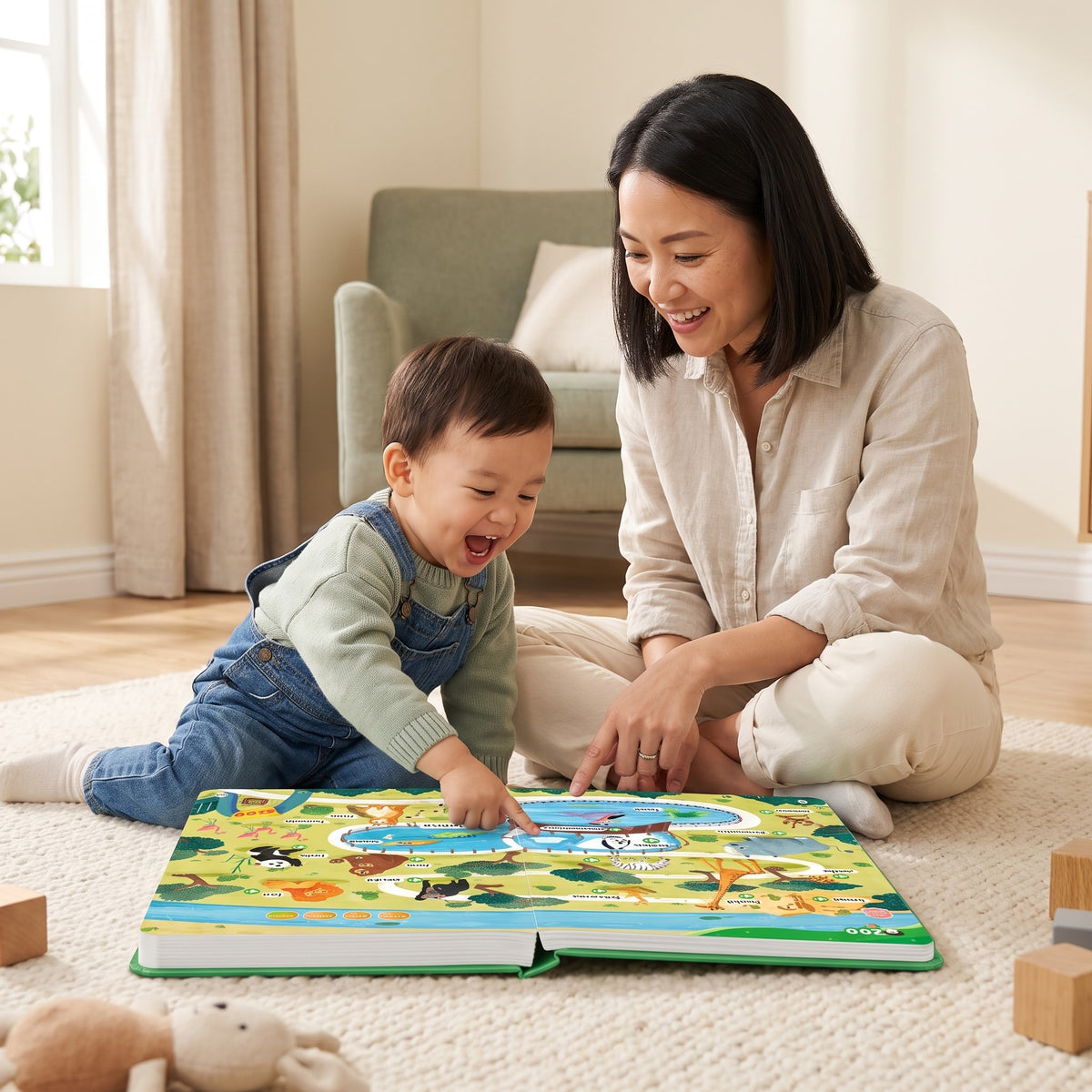 Mother and toddler sitting on the floor exploring the 500 Words Sound Book together, screen-free play
