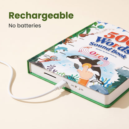 Sound book with a USB-C cable plugged into the speaker side next to the on/off switch, rechargeable with no batteries