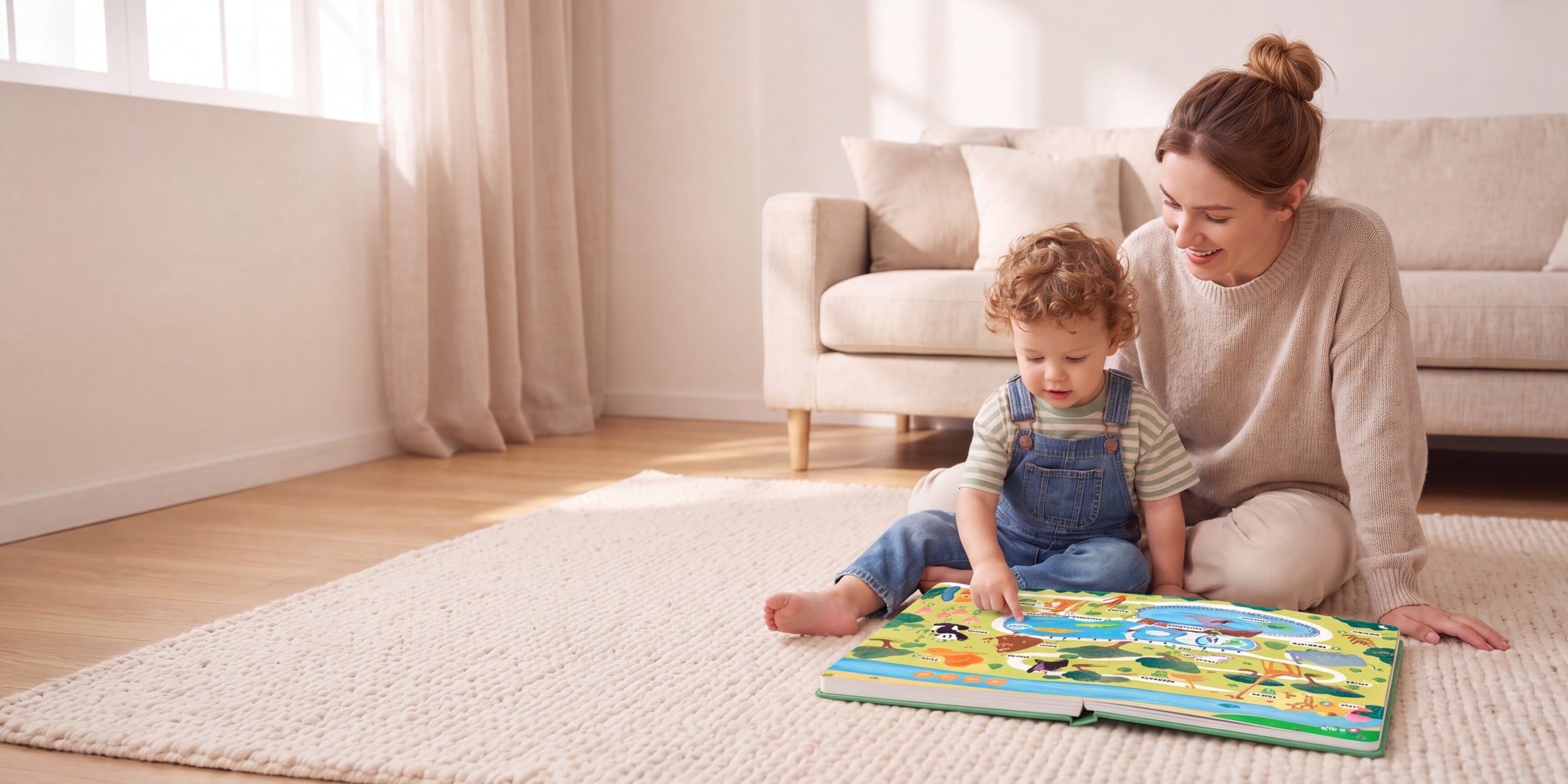 Toddler pressing a picture in the 500 Words Sound Book, mom beside her
