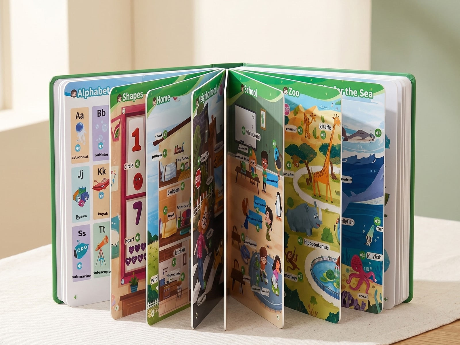 The 500 Words Sound Book fanned open to show its themed spreads