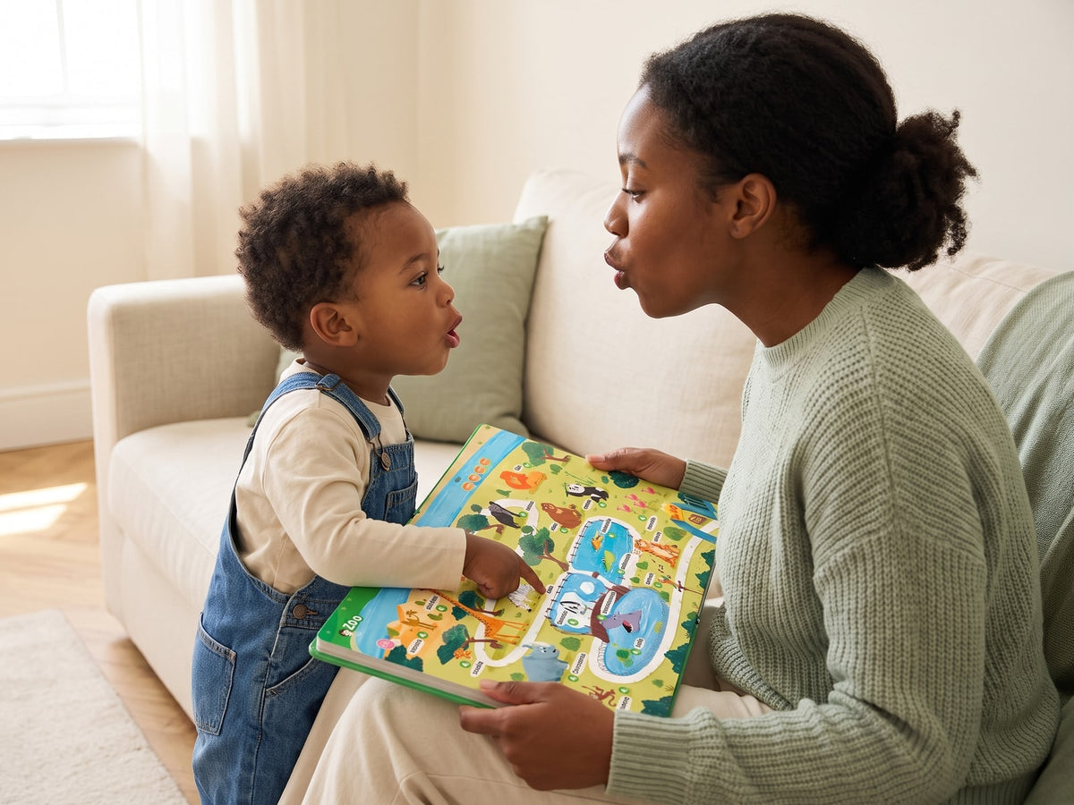 Preschooler tapping a word on the sports-field spread of the sound book